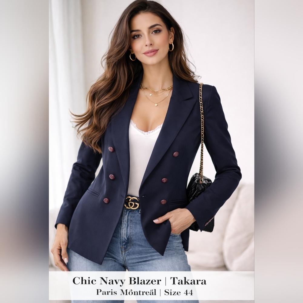 🔥 Chic Navy Double-Breasted Blazer – Takara Paris Montréal – Women’s Size 44